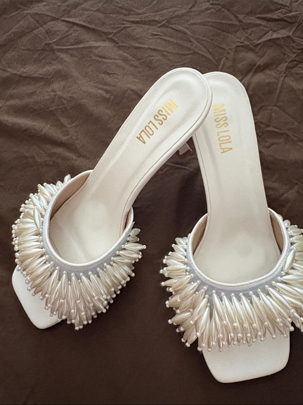 Miss Lola White Pearl-Embellished Slide Mules